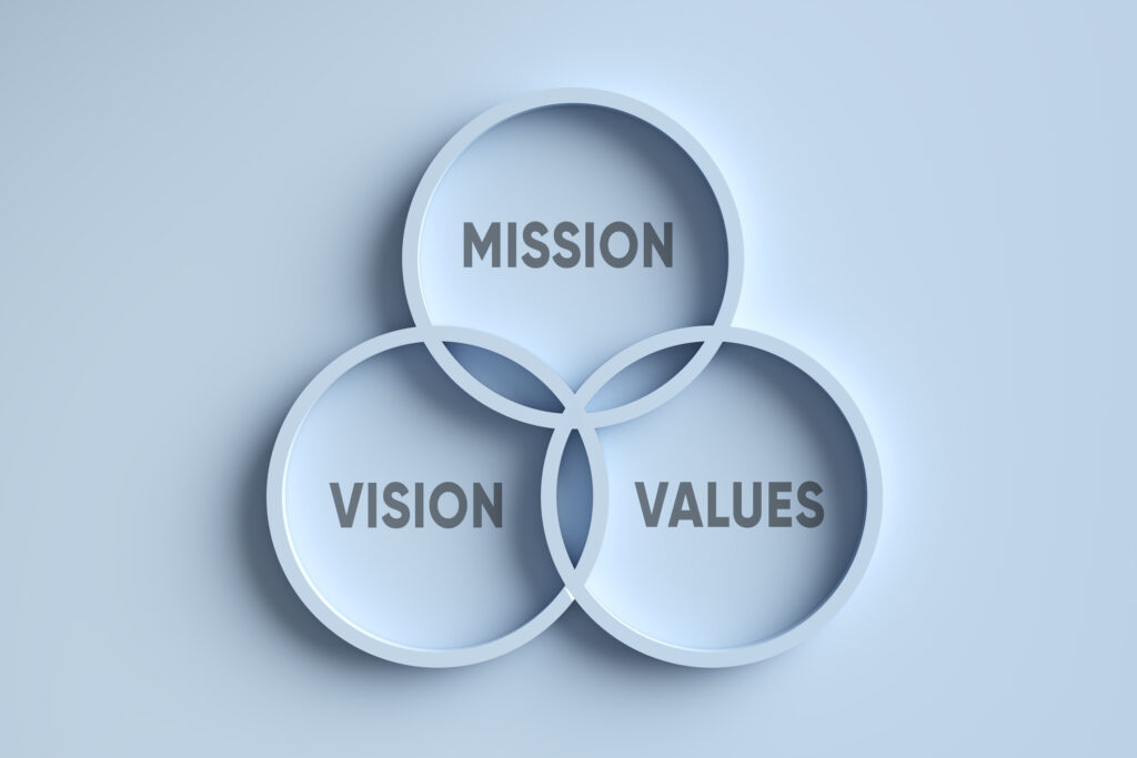 Business strategy and mission statement concept. The words mission, vision and values in intersecting circles. 3D render.